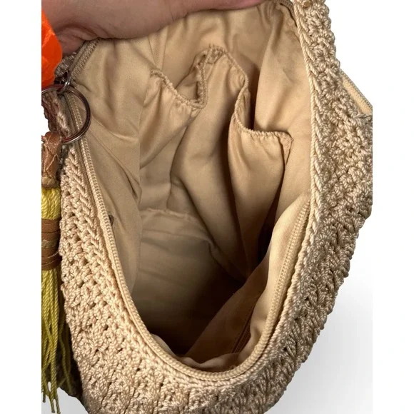 The Sak Crochet Hobo Bag Tan Neutral Boho Shoulder Bag with Yellow Tassel - Picture 4 of 8
